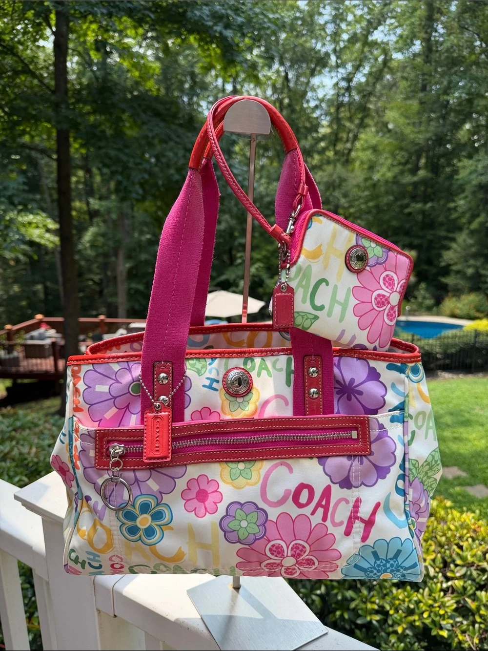 Coach 2010 Y2K Poppy Daisy Multicolor Floral Canvas Tote with Pink Handles SET